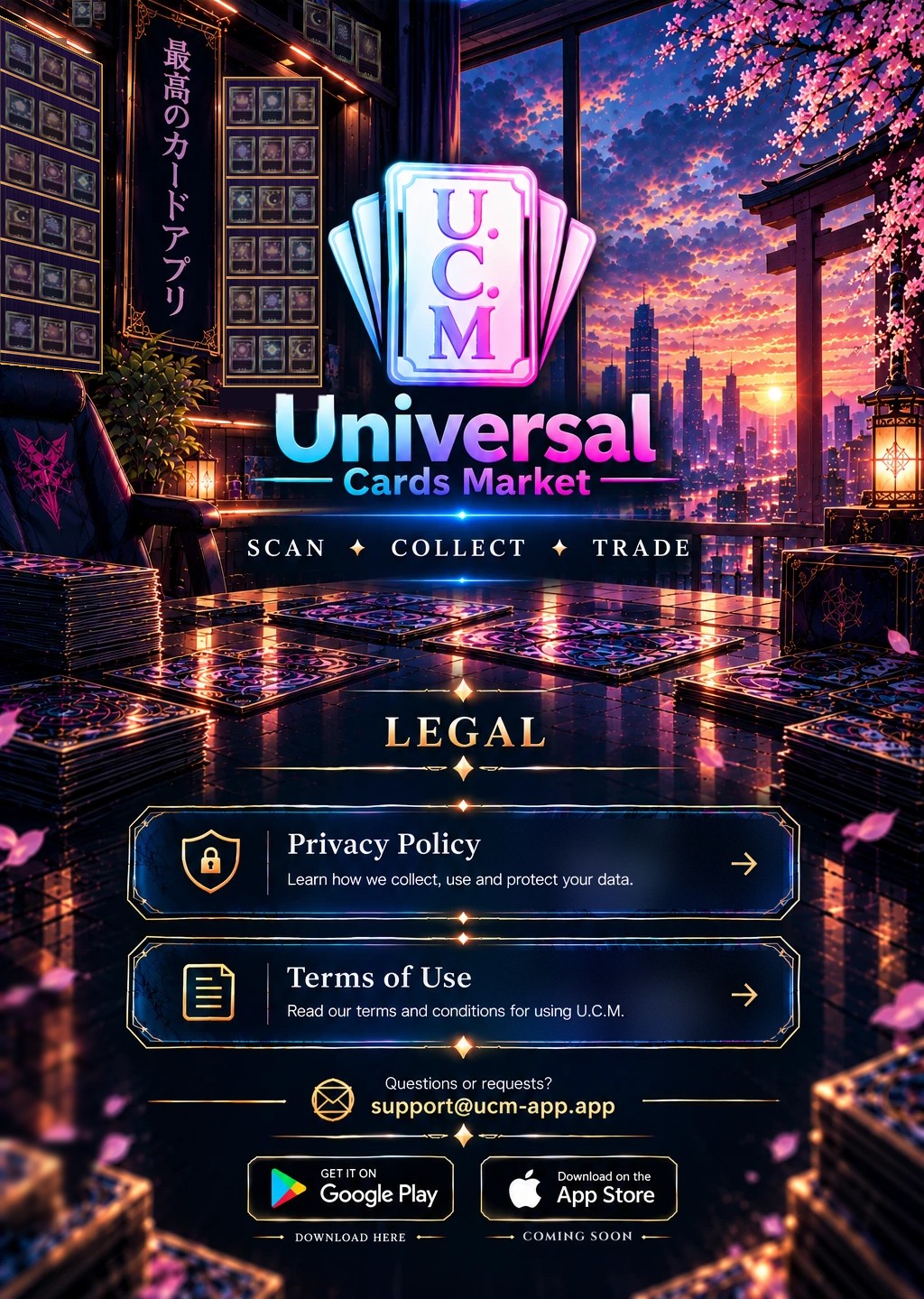A card collector's room at sunset with cherry blossoms: U.C.M — Universal Cards Market. Scan, collect, trade.